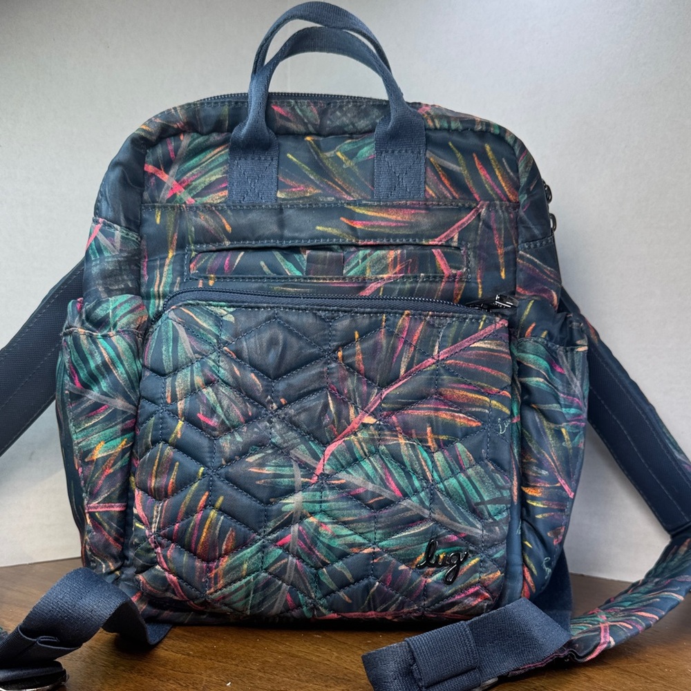 Lug Dodger RFID Quilted Mini Handled Backpack Bag Navy Tropical Palm Print